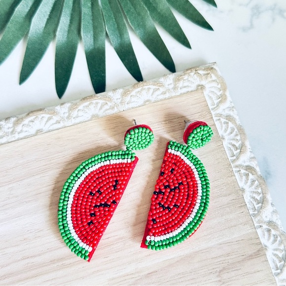 Watermelon Beaded Earrings Dangle Summer Picnic Jewelry Fruit Gift Cute Boho NEW - Picture 4 of 9